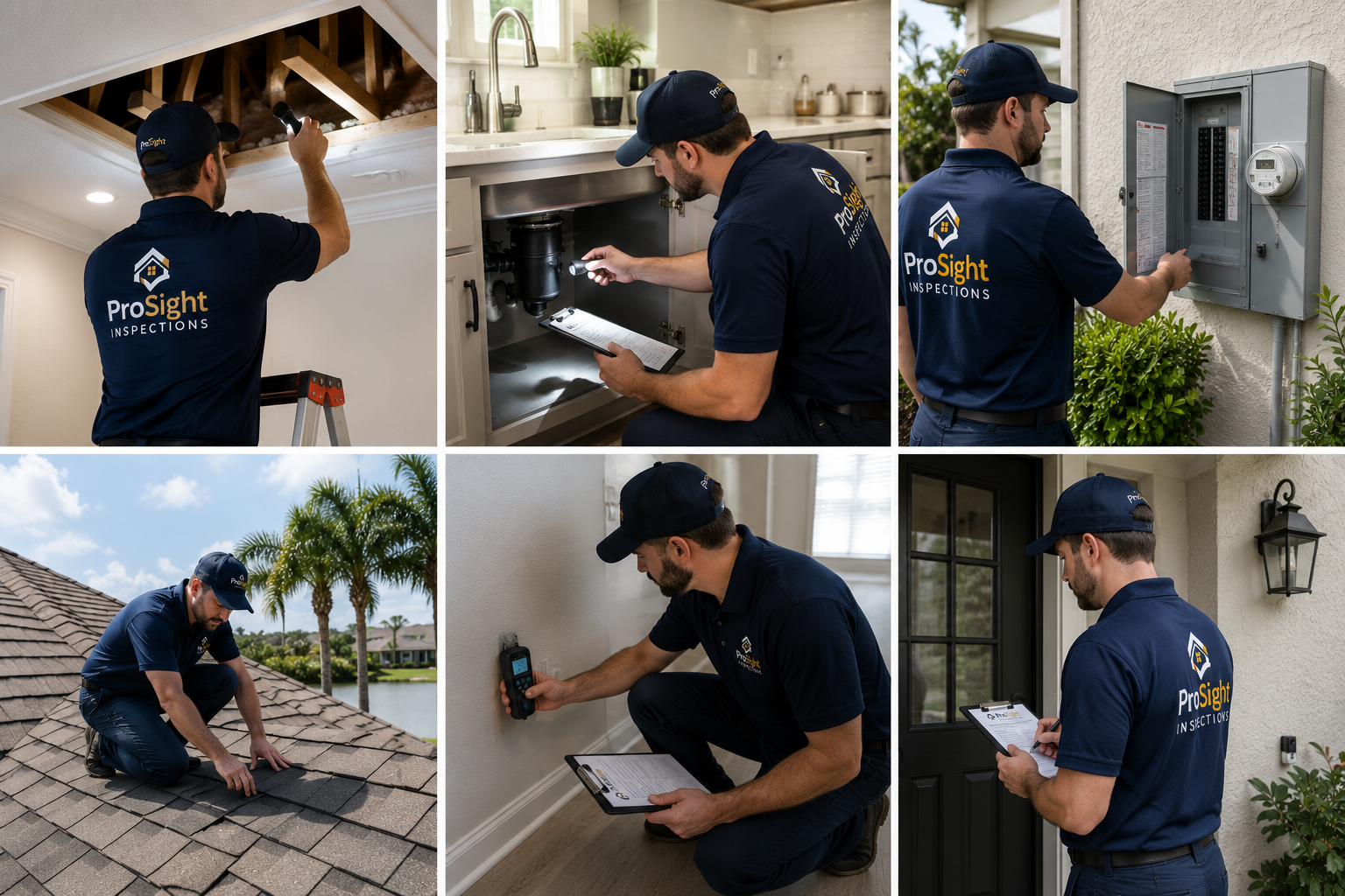 ProSight inspector at work across six different inspection points — attic, kitchen plumbing, electrical panel, roof, moisture testing, front door arrival