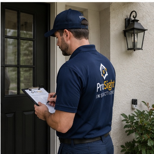 ProSight inspector at the front door, clipboard in hand